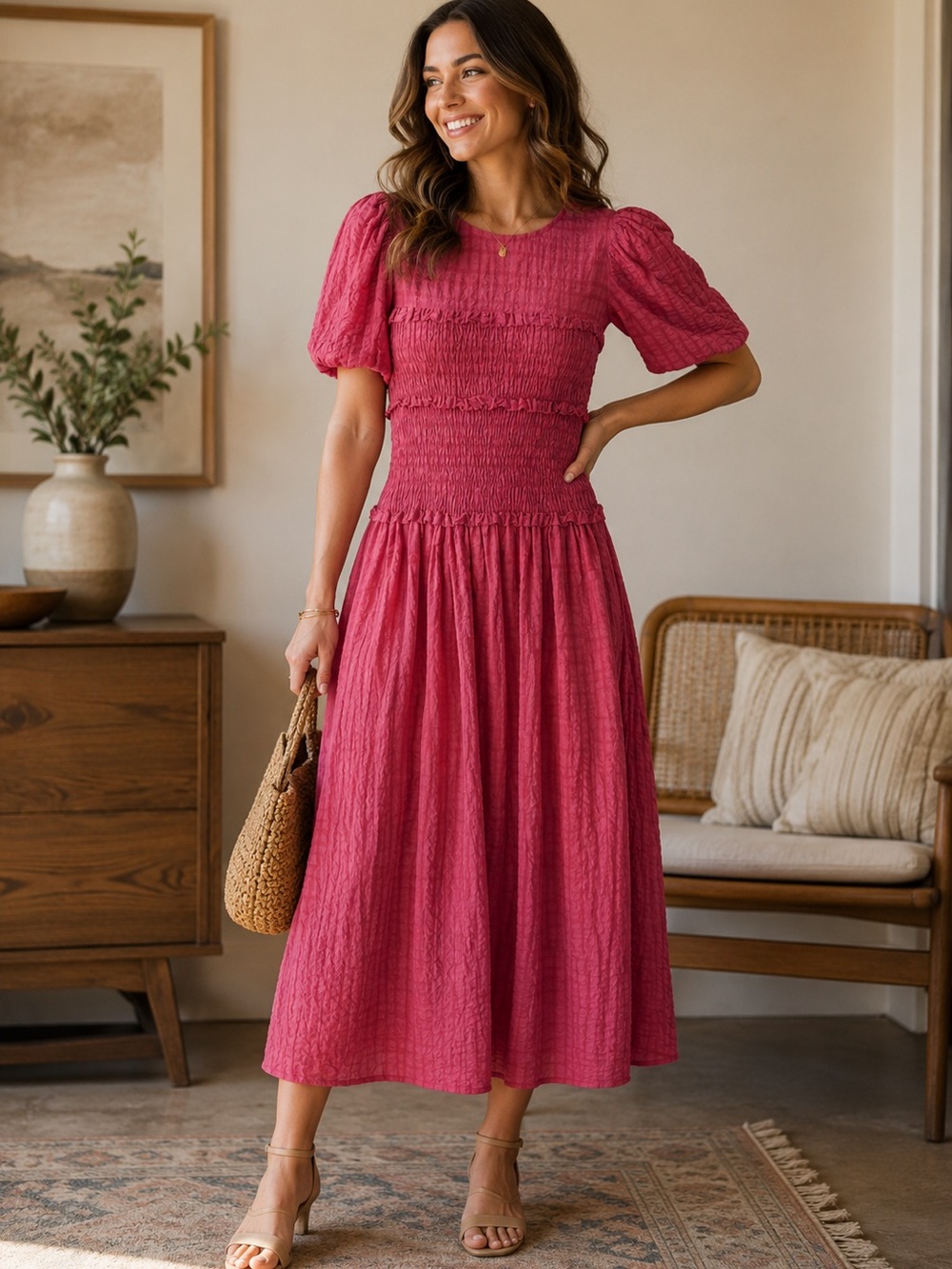 Zara Cotton Seersucker Smocked Midi Dress XS/S Pink Puff Sleeve